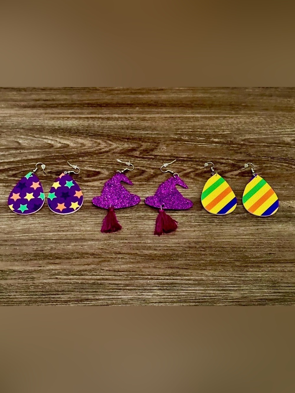 Women’s Purple Glitter Witch Hats, Stars, Stripes Purple Halloween Earrings
